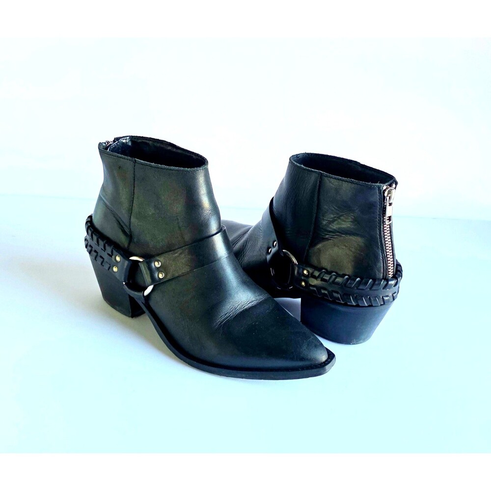 BRUSQUE Women's Black Leather Ankle Boots Pointed Toe Sz 35 7.5 Heeled Booties - Picture 2 of 14